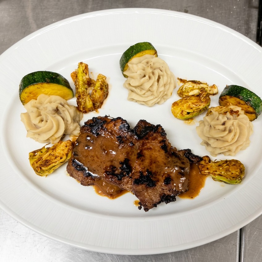 Grilled steak with mashed potato rosettes and zucchini