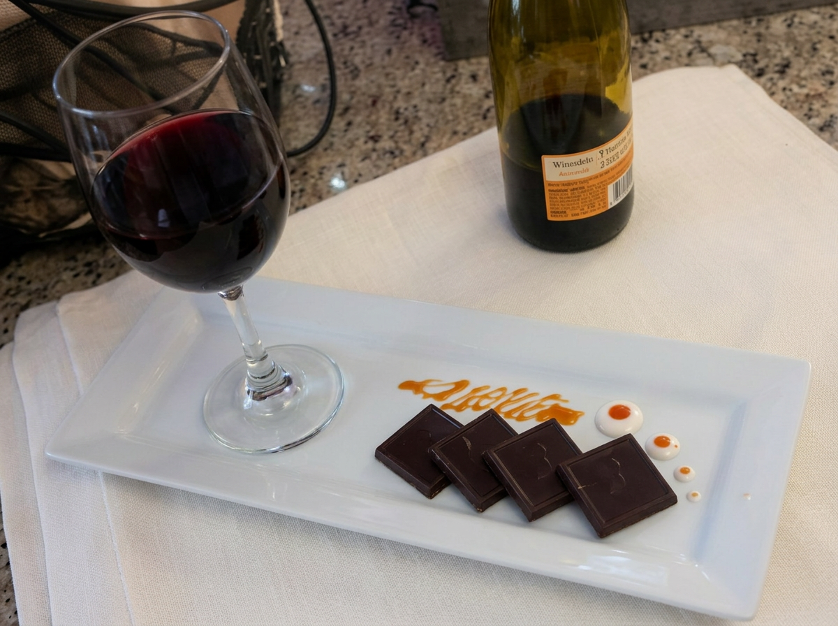 Plated chocolate dessert with orange sauce, paired with red wine